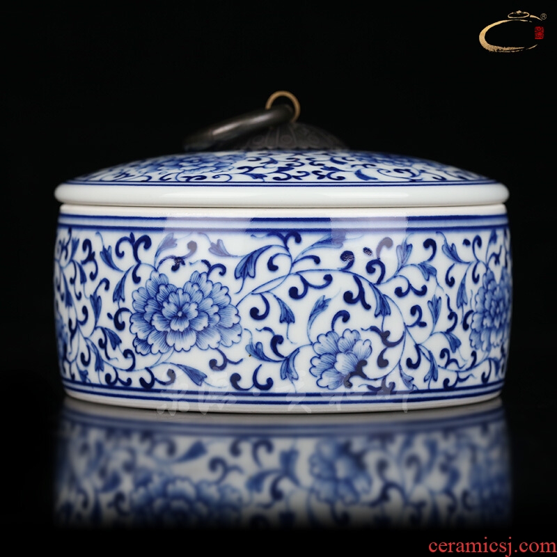 And auspicious hand - made landscape flat pot of jingdezhen blue And white porcelain ceramic portable caddy fixings sealed tank storage tank receives