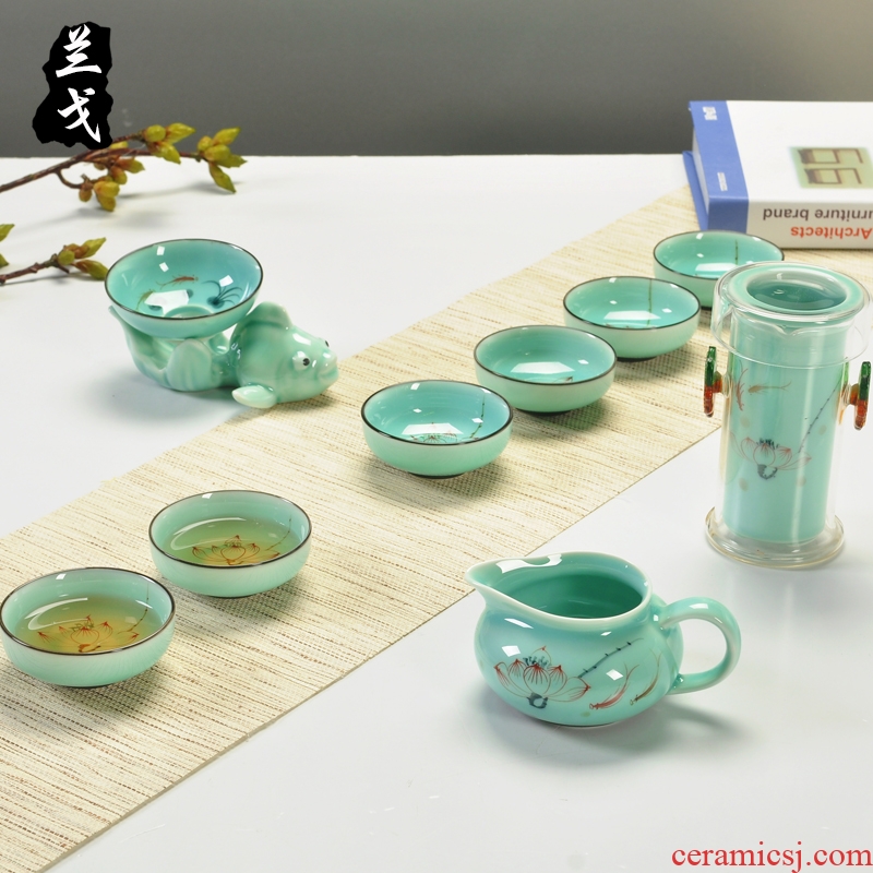 Having hand - made longquan celadon kung fu tea sets a complete set of high temperature ceramic teapot tea cups sea gift tea set