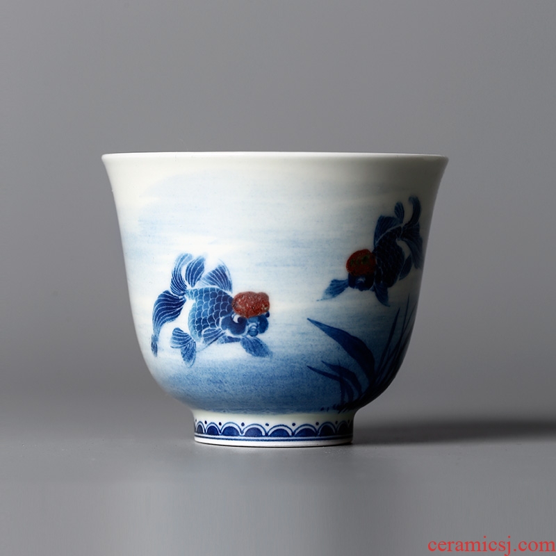 Jingdezhen blue and white youligong Lin Yuehong hand - made gold flora cup sample tea cup master cup a cup of tea