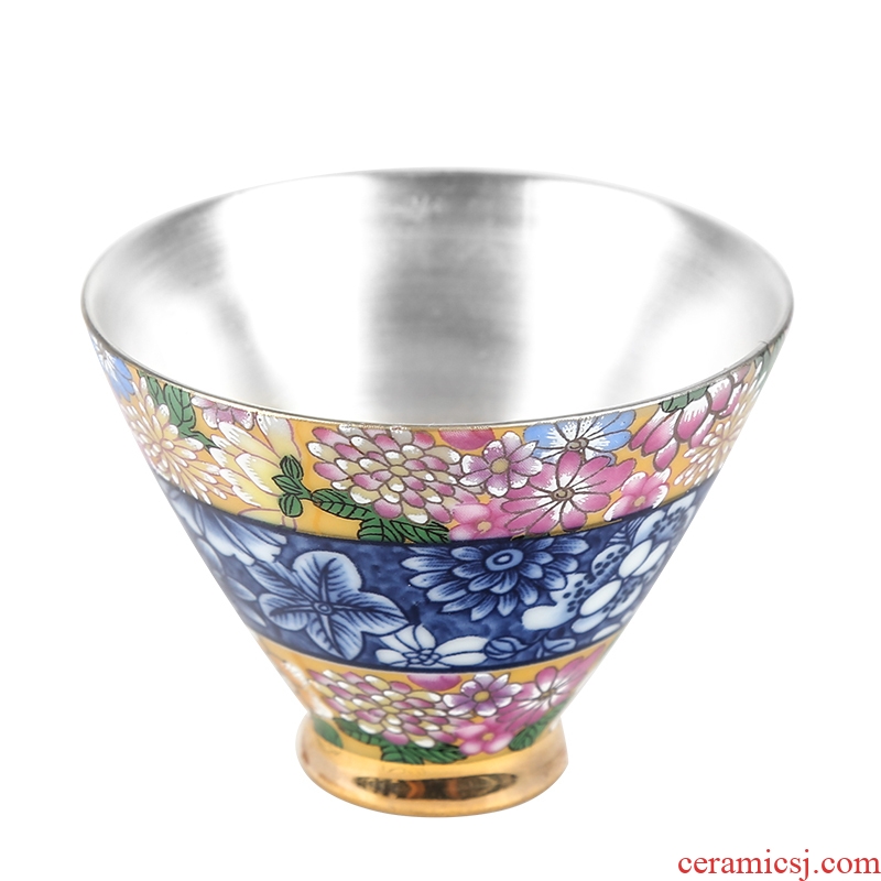 Jingdezhen porcelain enamel silver cup silver 999 authentic kunfu tea light perfectly playable cup single thin foetus tea cup