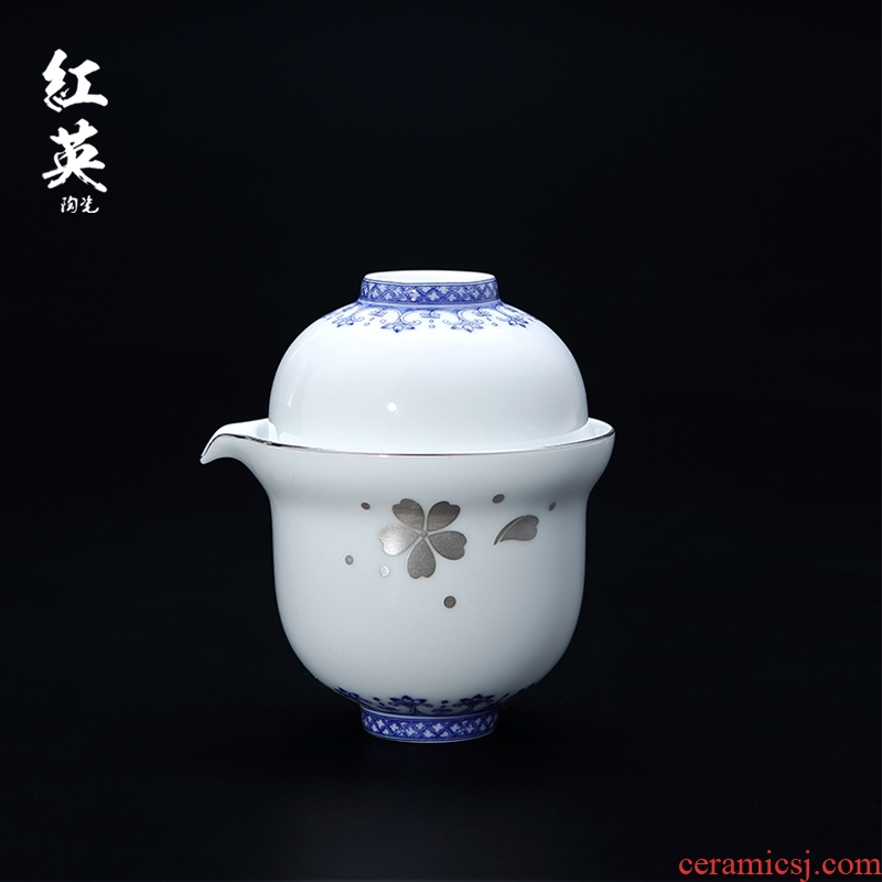 Jingdezhen ceramic trace silver crack of blue and white porcelain cup a pot of kung fu tea set teapot, two cups of portable travel