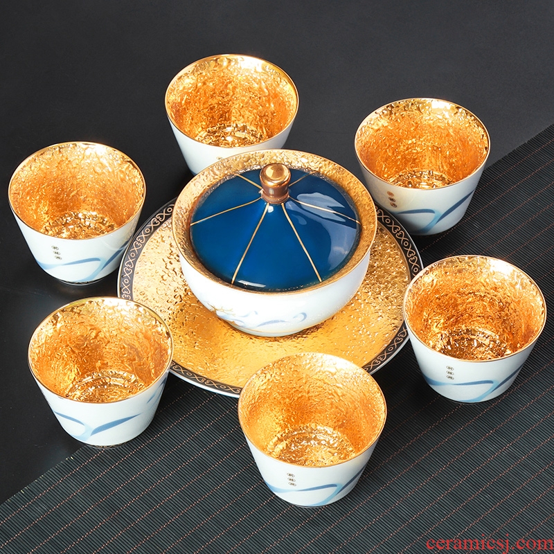 Pure 24 k gold household glass tea set ceramic 6 only sitting room of a complete set of blue and white tureen cup bowl