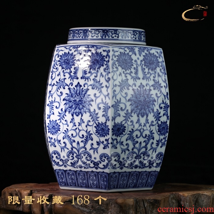And auspicious six - party caddy fixings jingdezhen blue And white tie up branches master hand draw large tea tins gift box