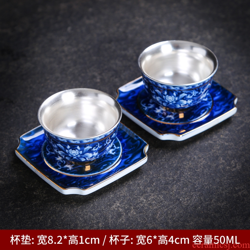 The Master cup single cup blue and white porcelain coppering. As silver cup silver 999 individual pure manual kunfu tea cup single pad