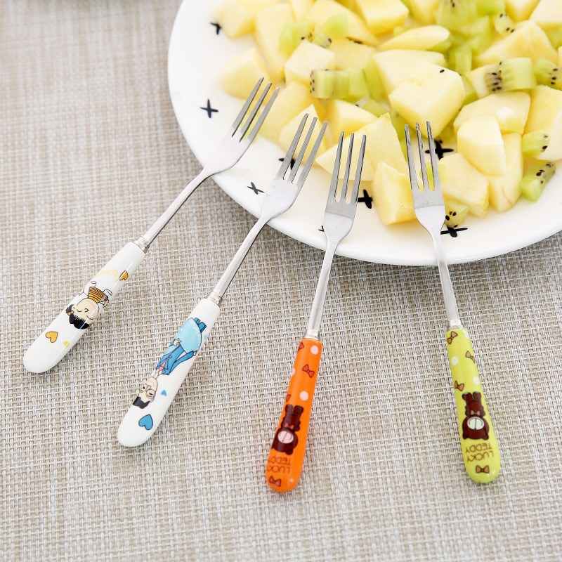 Creative lovely ceramic handle three teeth small children to eat fruit fruit fork fork household stainless steel fruit to sign