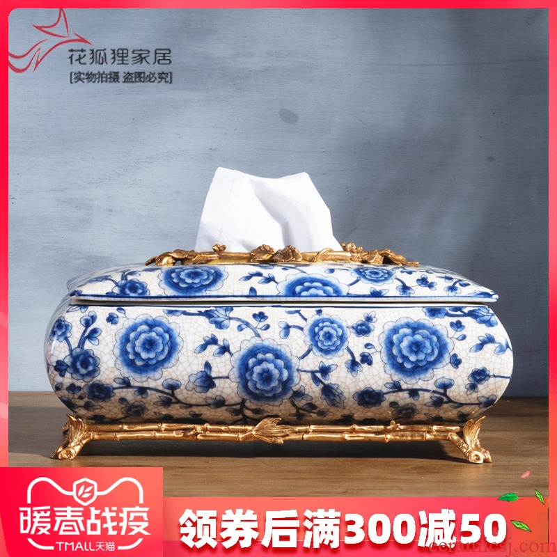 New Chinese style classic blue and white porcelain is blue and white porcelain with copper tissue boxes sitting room tea table dining - room place American smoke box