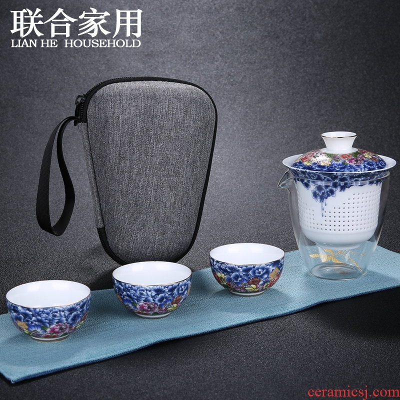 Portable package travel tea set suit blue and white porcelain teapot is suing the car travel to crack a pot of three