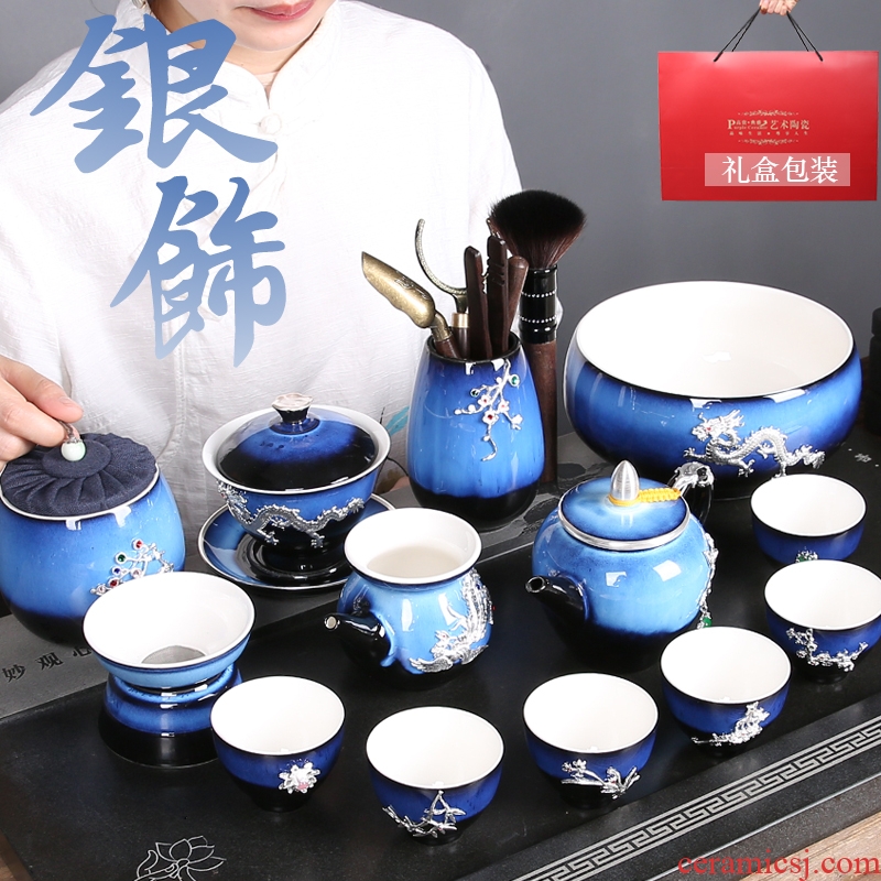 Office building light tea suit household kung fu tea set the pot of ceramic cup lid to use 999 sterling silver side