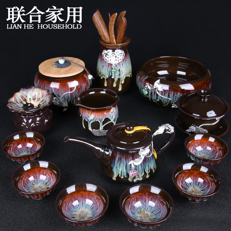 Silver up tea set ceramic building red glaze, kung fu tea kettle sample tea cup of a complete set of domestic cup suits for