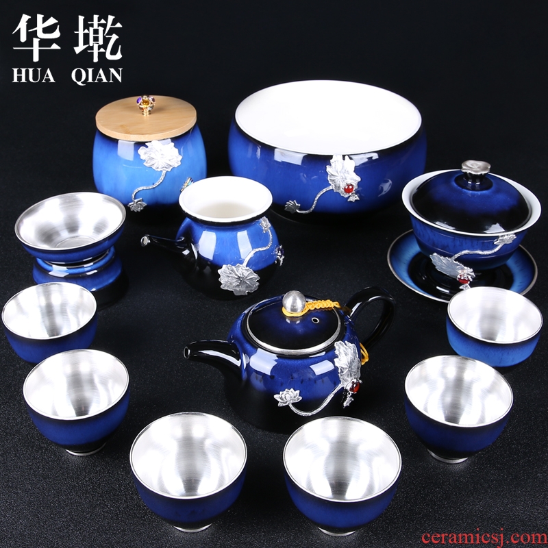 Ceramic kung fu tea set suit household up built lamp sample tea cup of a complete set of Chinese style with 999 sterling silver lid bowl