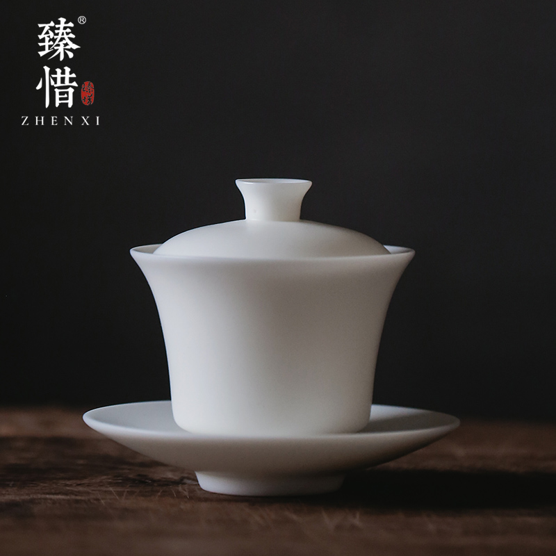 Become precious little dehua manual suet jade porcelain white porcelain ceramic three tureen household teapot kung fu tea cups