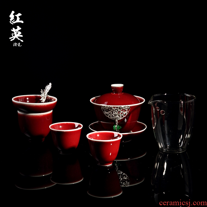 Jingdezhen ceramic travel kung fu tea set home portable contracted lang up red glaze tureen tea cups