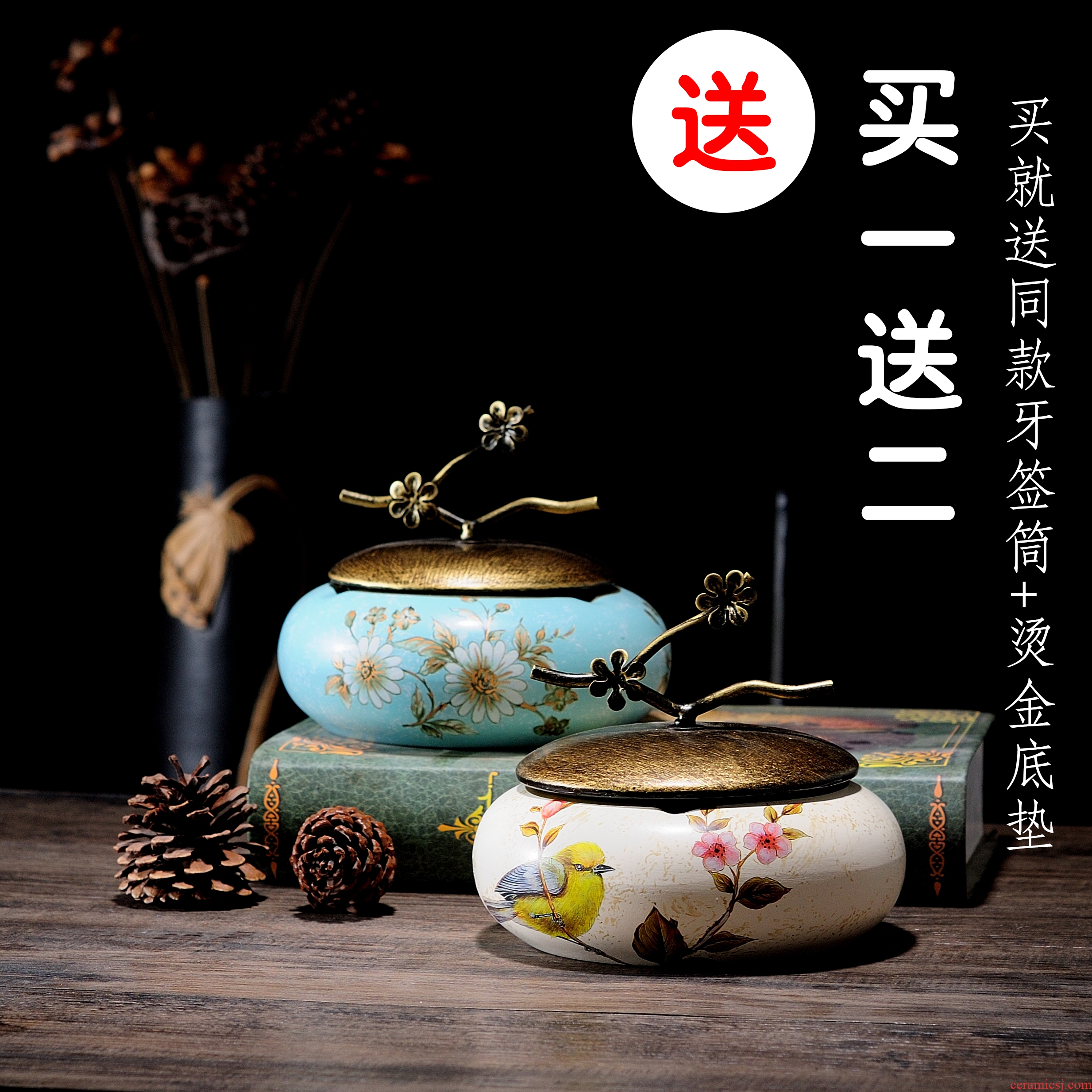 Ceramic ashtray with the cover of the new Chinese style household wind restoring ancient ways American decoration office sitting room tea table because ash cylinder
