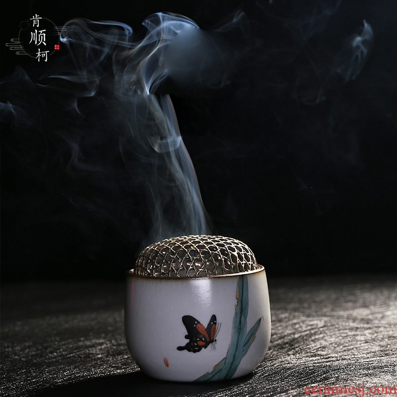 Jingdezhen pure manual your up hand - made ceramic consecrate Buddha copper cover sweet fume furnace with indoor small tea incense buner