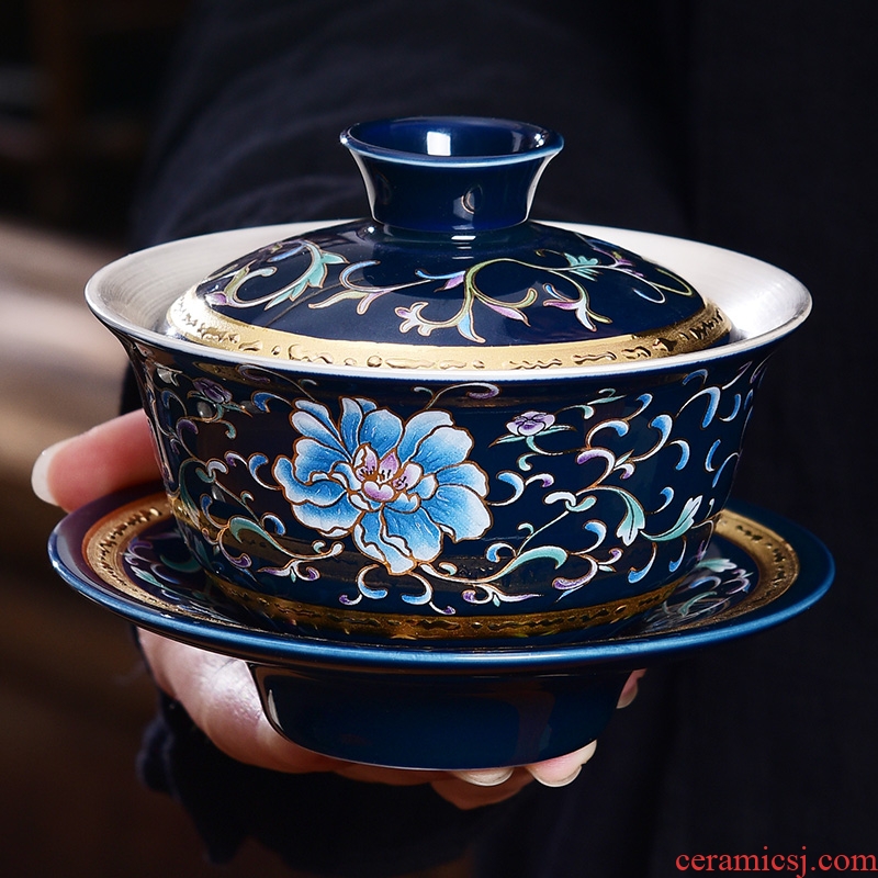Jingdezhen blue and white porcelain ceramic coppering. As silver tureen sterling silver 999 kung fu tea set three tureen tea bowl hand grasp pot