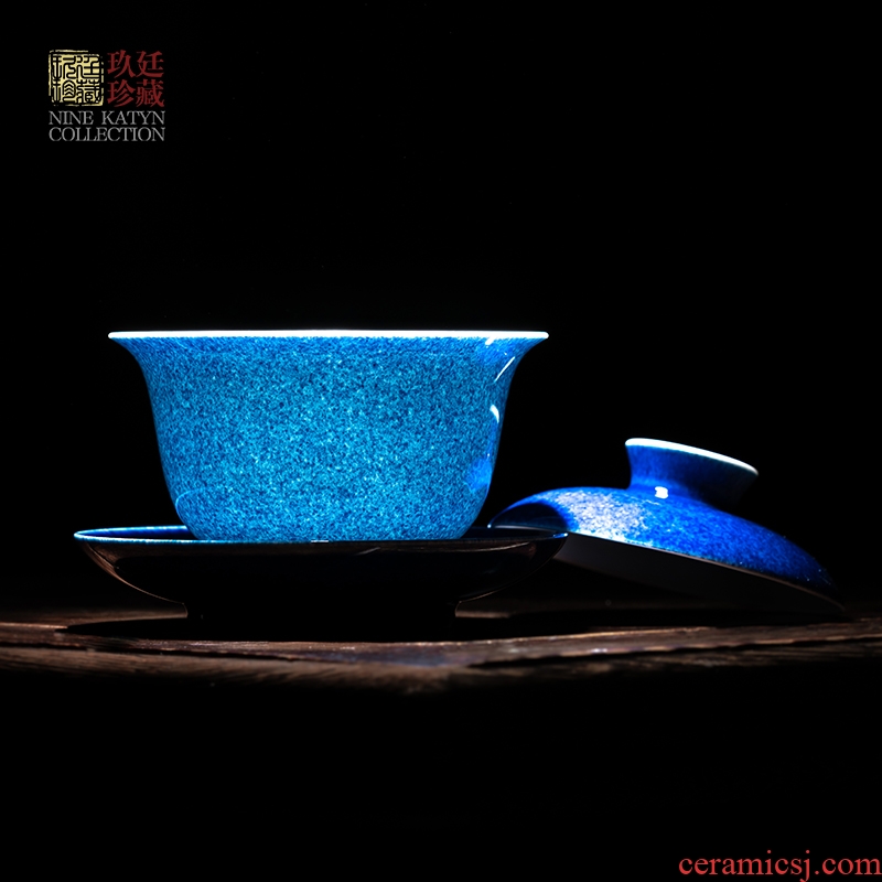 Nine at the jingdezhen ceramics with blue glaze kung fu tea tea, tea bowl only three tureen tea cups