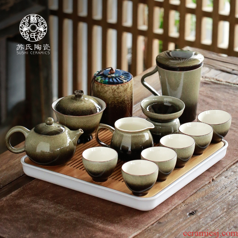Su ceramic up kung fu tea set suit household tureen tea teapot teacup Japanese wind restoring ancient ways