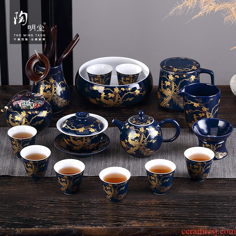 TaoMingTang ji blue glaze hand - made kung fu tea set of household ceramic white porcelain tureen teapot tea of a complete set of tea cups