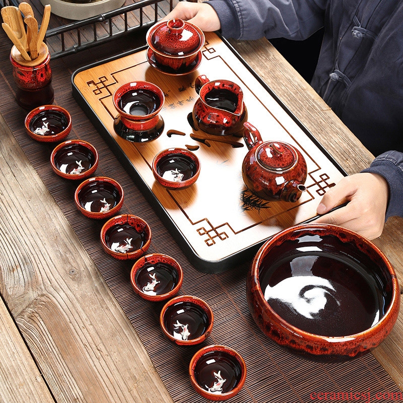 Up with ceramic kung fu tea set suit creative relief fish cup teapot tureen masterpieces contracted household tea tray