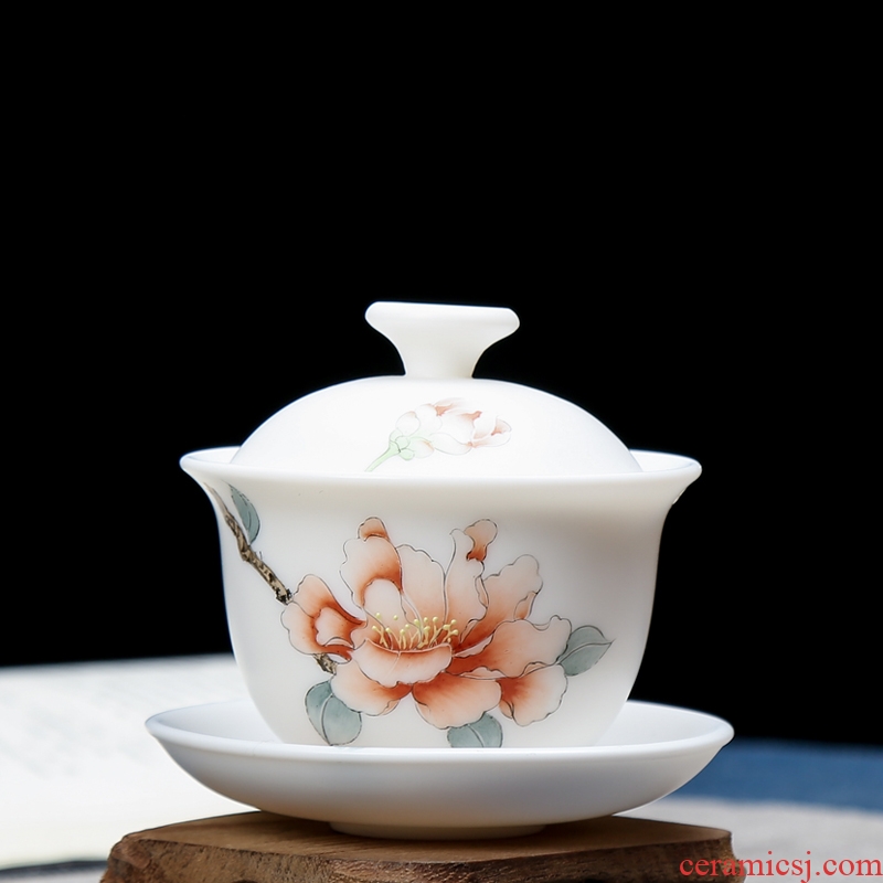 Dehua white porcelain tea tureen kung fu tea set ceramic checking hand - made ceramic three suits for of the bowl tureen tea cups