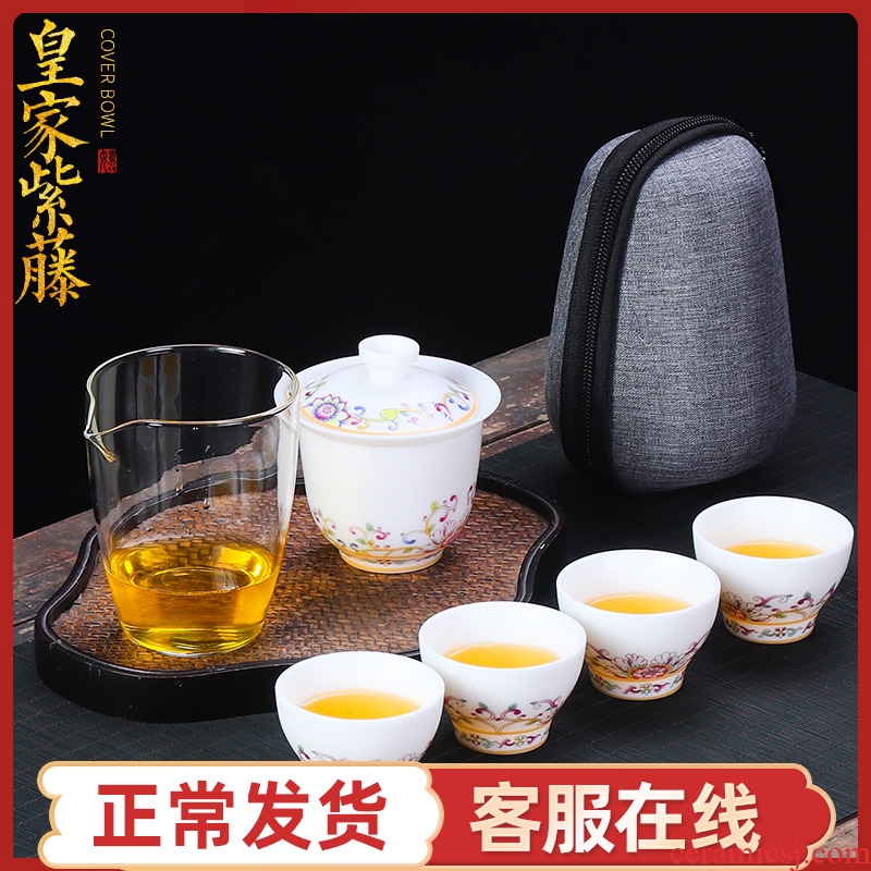 Artisan fairy hand - made ceramic crack four cups of household contracted white porcelain cup a pot of kung fu tea set portable is suing travel