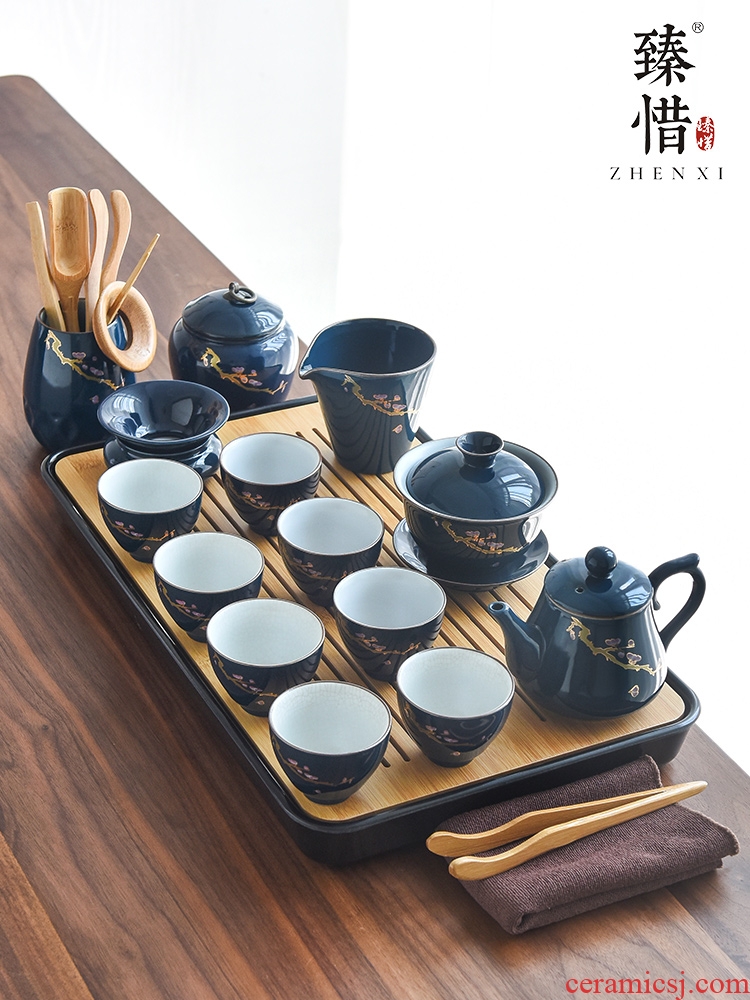 "Precious little ji blue glaze household kung fu tea set contracted tureen ceramic teapot teacup Japanese dry tea tray