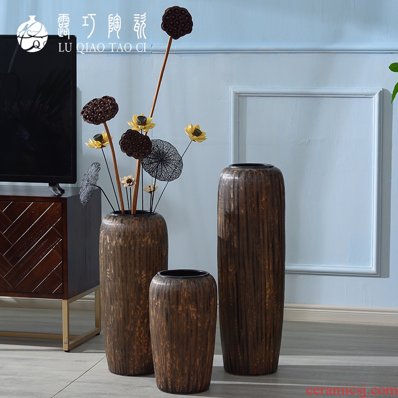 Large ceramic vase restoring ancient ways furnishing articles sitting room ground decoration flowers, dried flowers, European - style Chinese zen checking out flowers
