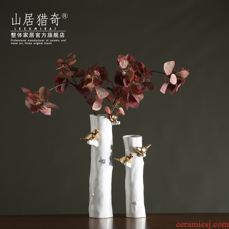 Modern Chinese style living room zen flower implement northern American rural white ceramic bird tree straight vase