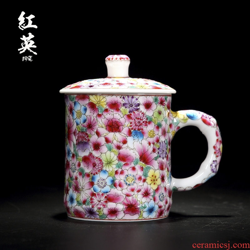 Red Chinese antique hand - made the jingdezhen ceramics flower office keller cup with handle with cover business household