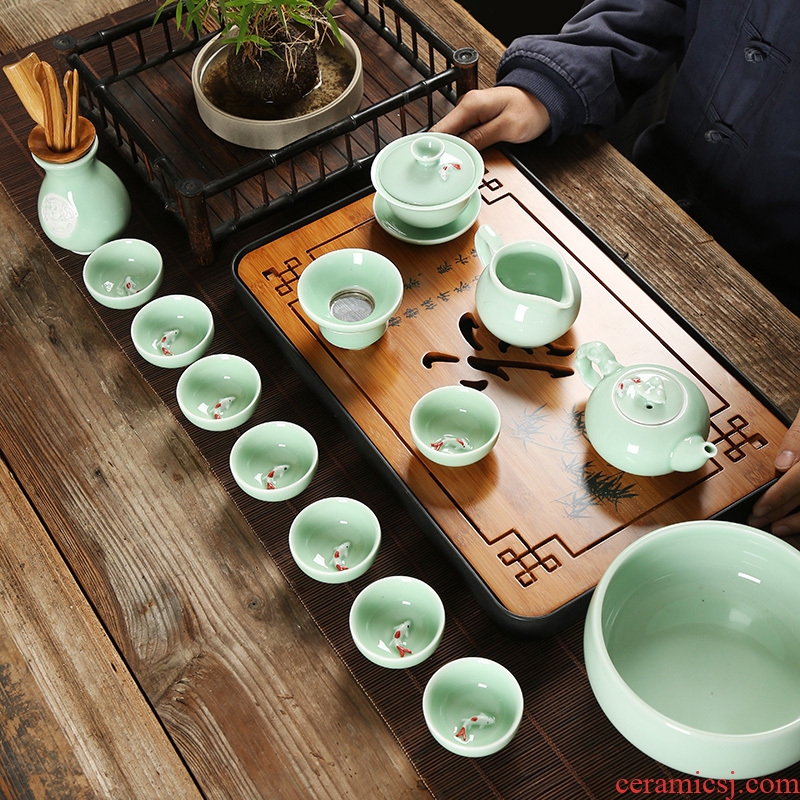 Home a whole set of kung fu tea set simple office ceramic teapot new celadon carp GaiWanCha cups