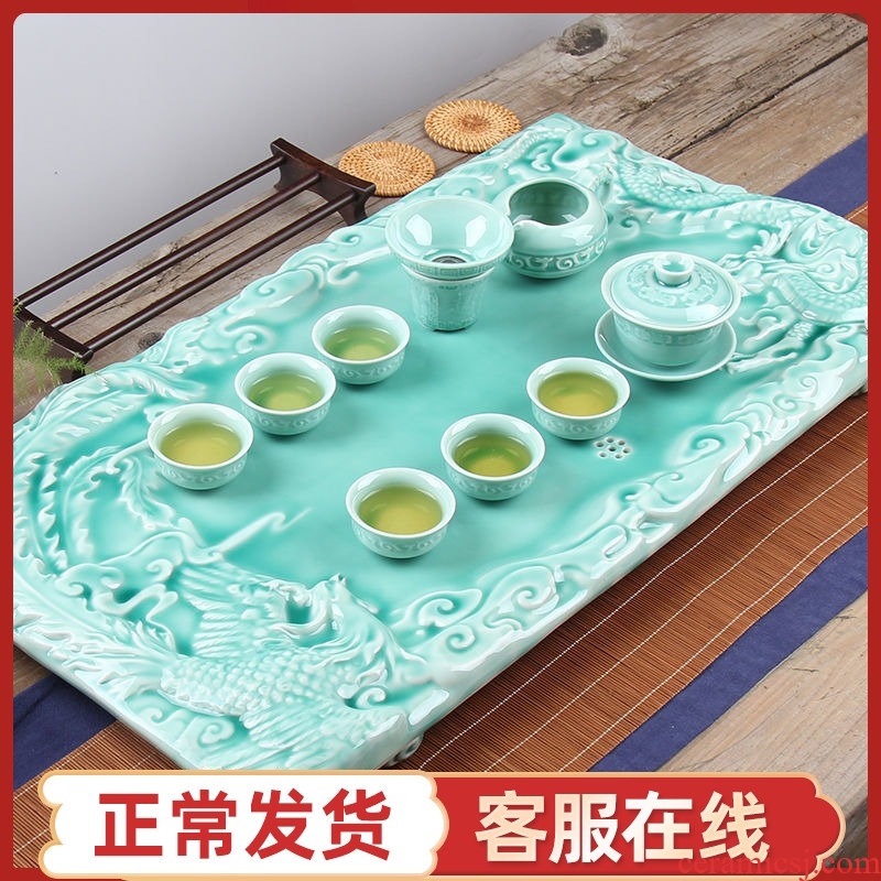 Artisan fairy longquan celadon tea tray was suit large ceramic household embedded rectangle drainage type a whole set of kung fu tea set