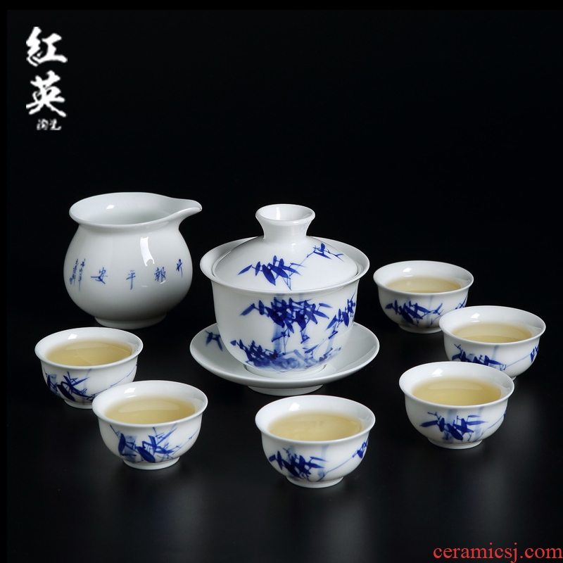 Jingdezhen ceramic kung fu tea set home sitting room tea Chinese blue and white, three small tureen tea cups