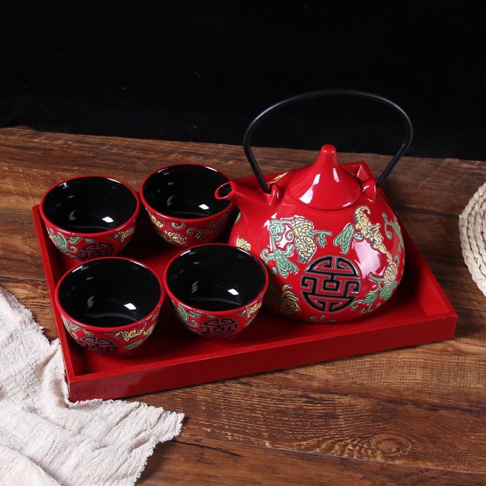 Ceramic teapot knot wedding suit red festival happy character cup tray was creative new worship home tea cups