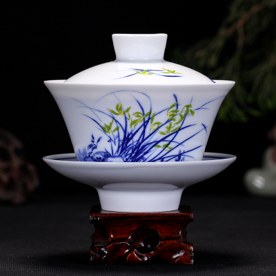 The Product jue jingdezhen blue and white glaze ceramic large tureen next three color tea cup bowl bowl teahouse with flowers