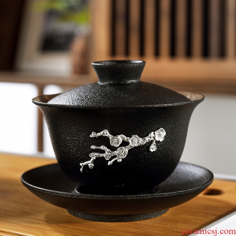 Creative Japanese manual tureen three cups of black to kung fu tea set household ceramics with tin tea bowl to bowl