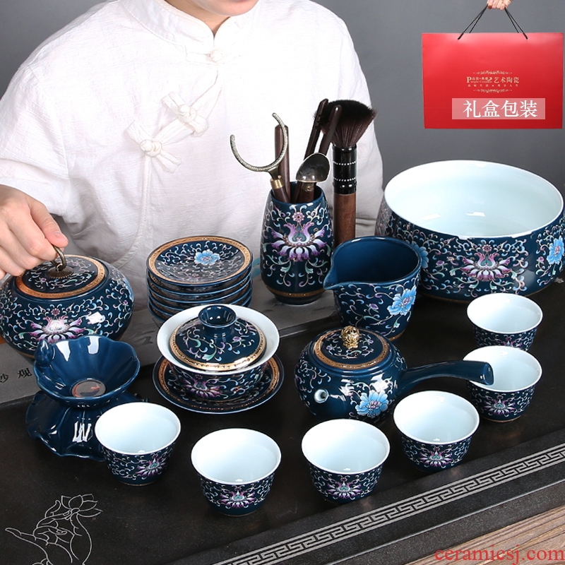 Ceramic kung fu tea set suit household Chinese contracted golden flower of a complete set of jingdezhen blue and white porcelain teapot teacup