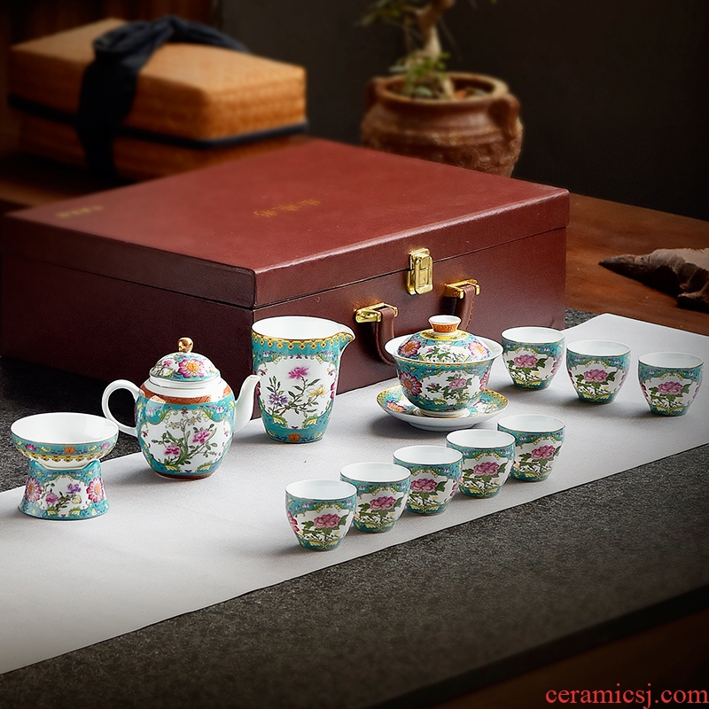 Artisan fairy colored enamel tea set home sitting room lid bowl of high - grade kung fu tea tea set points exchanger with the ceramics