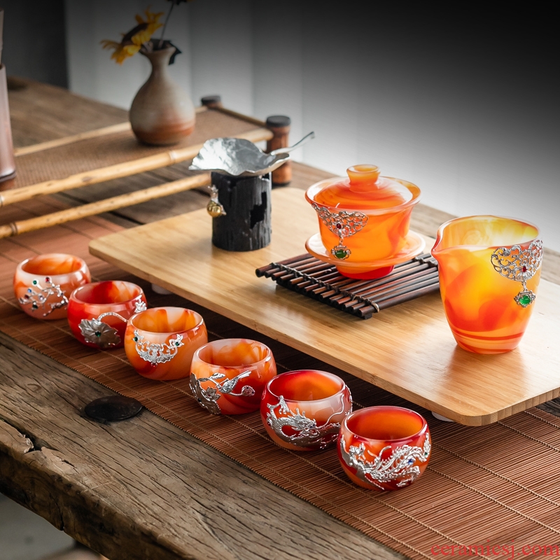 With vermillion agate coloured glaze kung fu tea set, informs jade porcelain large bowl covered bowl heat - resistant glass tea cups
