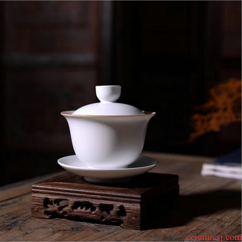 Tang Yan fang ding up tureen ceramic tea cups kung fu tea set household white porcelain inferior smooth three of the bowl bowl suit