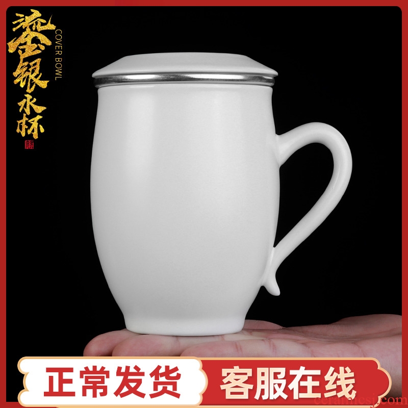 Silver cup 999 sterling Silver with cover ceramic household size of pure manual filtering office Japanese tea keller