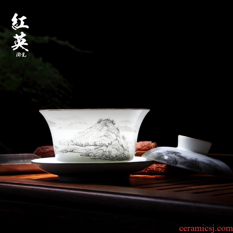 Hongying three only white porcelain of jingdezhen ceramic tureen kung fu tea cups set manually large - sized hand - made tea bowl