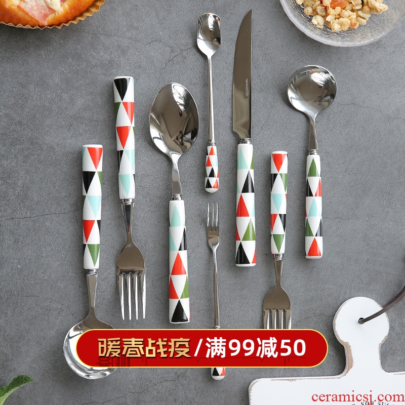 Sichuan island house color diamond plaid ceramic handle stainless steel tableware steak knife and fork spoon, coffee spoon, S - 34