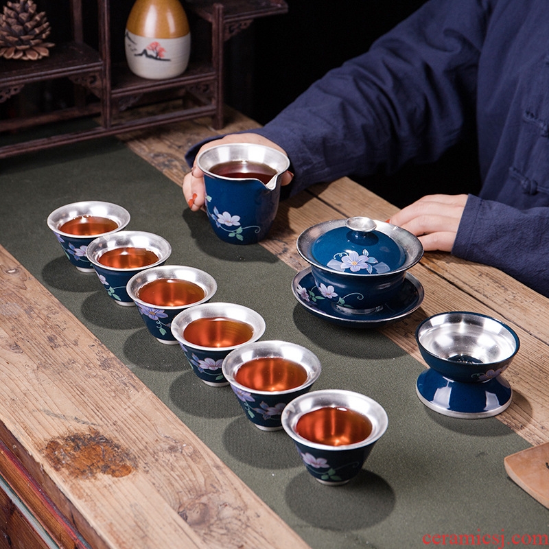 TaoMingTang built light tea tasted silver gilding blue sweet kung fu tea set ji blue of a complete set of tea cups
