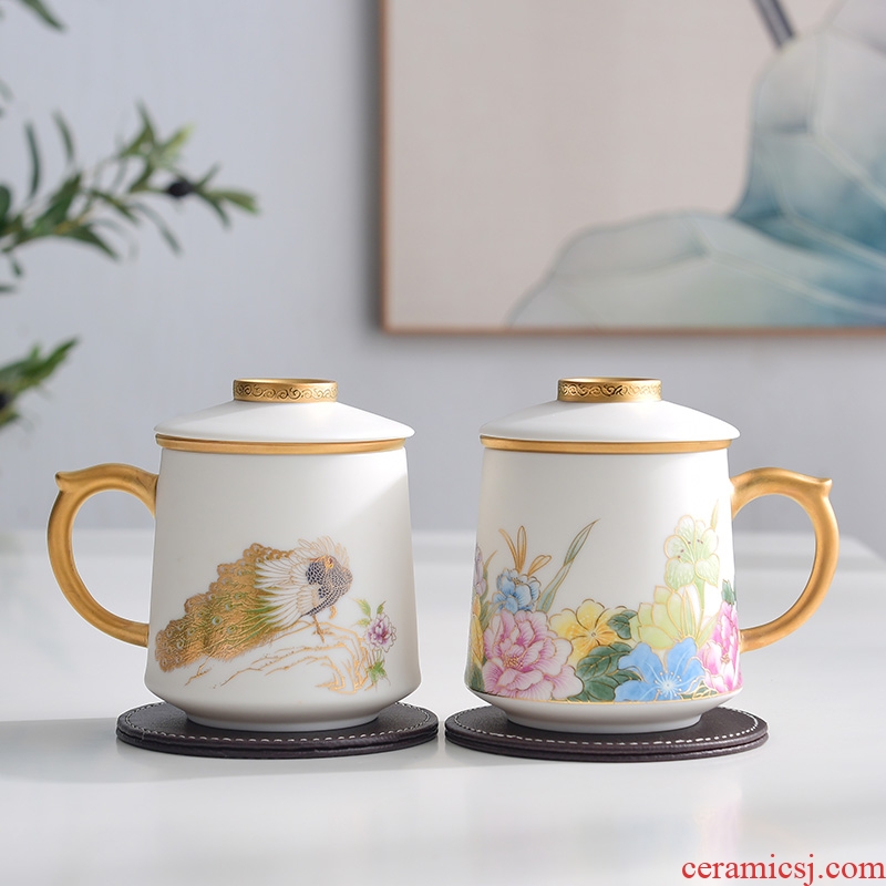 Dehua white porcelain teacup separation suet jade glass tea cup cup tea cups with cover ceramic creative office