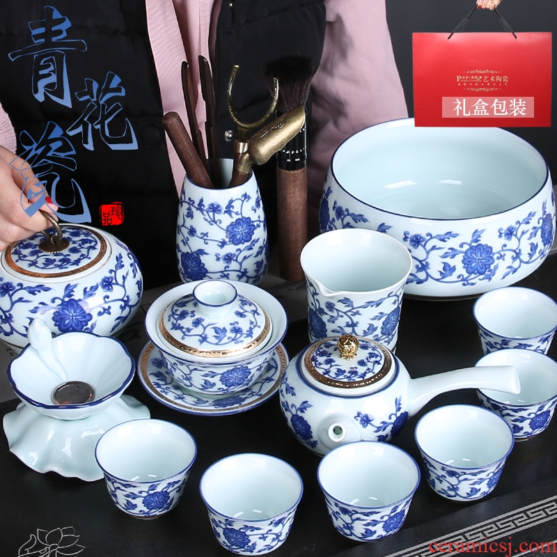 Jingdezhen blue and white porcelain kung fu tea set suit household contracted office tureen of pottery and porcelain cups teapot set