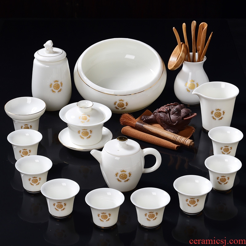 A good laugh, dehua suet jade white porcelain tea set household ceramics kung fu tea teapot set of tea cups