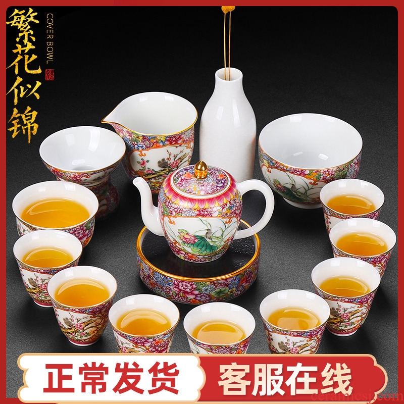 Artisan fairy white porcelain tea service suit hand - made painting of flowers and household contracted lid design ceramic bowl of a complete set of kung fu tea set