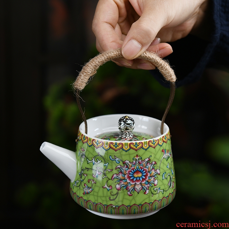 Colored enamel tea kettle ceramic household pure manual side pot of kung fu teapot little teapot girder single pot pot