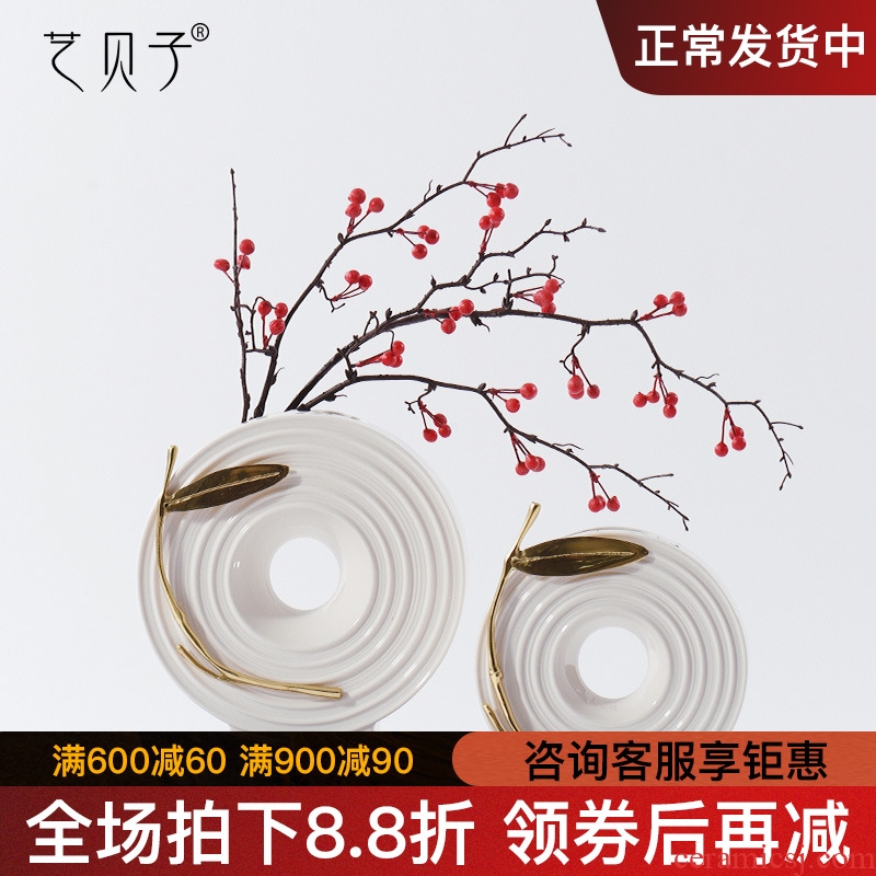 New Chinese style show originality furnishing articles living room table dry flower arranging flowers, ceramic vase decoration decoration copper leaves