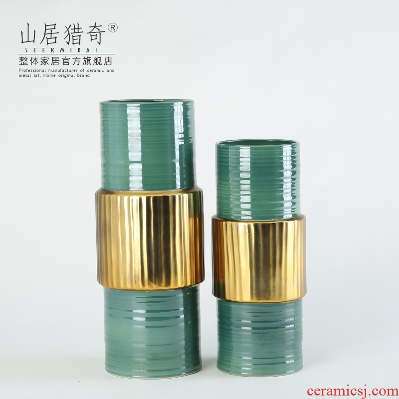 American neo - classical straight green ceramic vases, Chinese style living room table decoration flower arranging flowers, gold ring bottle